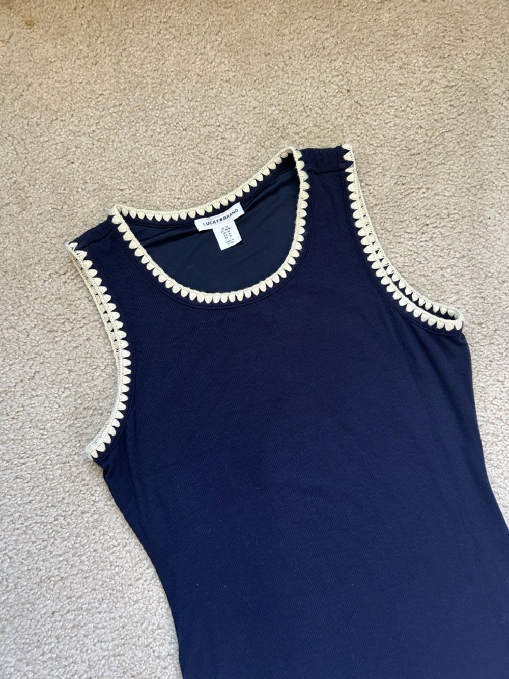 Lucky Brand Navy Sleeveless Shift Dress | Scalloped Crochet Trim Boho Mini M - Picture 2 of 7